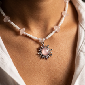 Słoneczny Naszyjnik z różowym kwarcem - srebrny