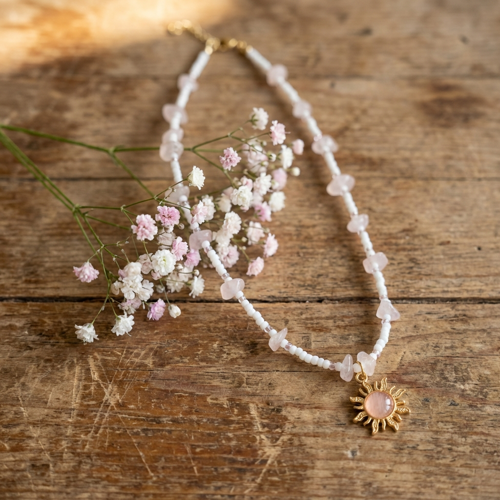 Słoneczny Naszyjnik z różowym kwarcem - złoty - obrazek 2