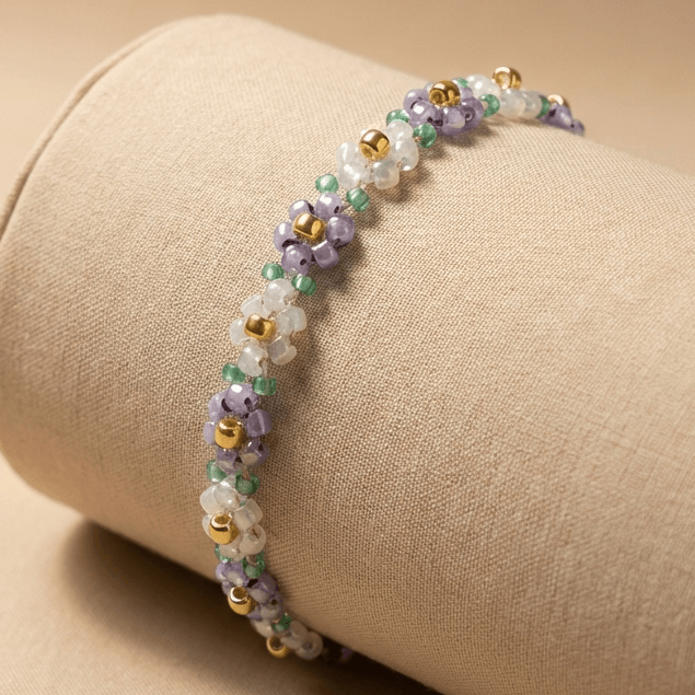 Bransoletka Daisy Kwiatuszki fioletowo-biało-zielona