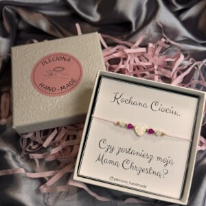 Bransoletka (różowa) dla chrzestnej, serduszko z masy perłowej