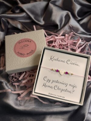 Bransoletka (różowa) dla chrzestnej, serduszko z masy perłowej